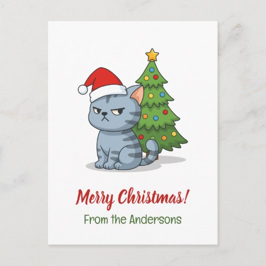 Cranky Grey Tabby Cat Red Hat Christmas Tree Postkarte (Vorderseite)
