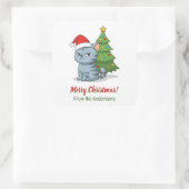Cranky Grey Tabby Cat Red Hat Christmas Tree Quadratischer Aufkleber (Tasche)