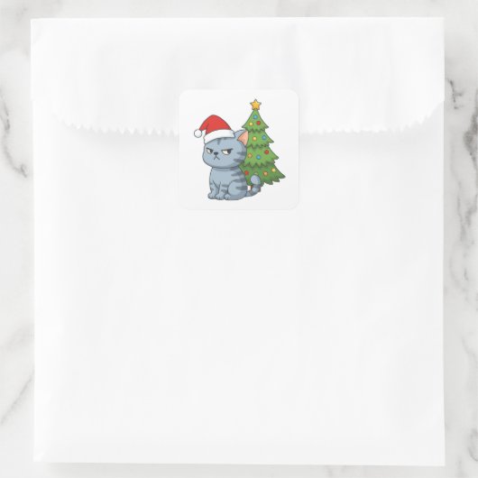 Cranky Grey Tabby Cat Red Hat Christmas Tree Quadratischer Aufkleber (Tasche)