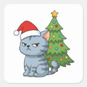 Cranky Grey Tabby Cat Red Hat Christmas Tree Quadratischer Aufkleber (Vorderseite)