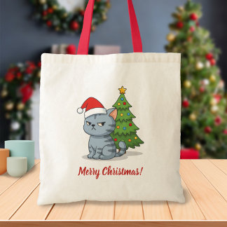 Cranky Grey Tabby Cat Red Hat Christmas Tree Tragetasche