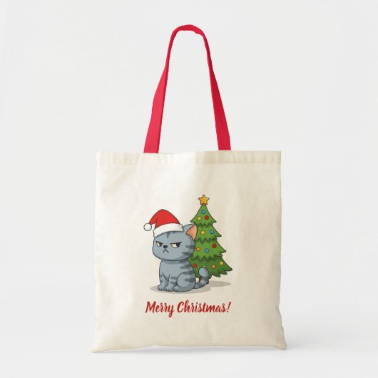 Cranky Grey Tabby Cat Red Hat Christmas Tree Tragetasche (Vorne)