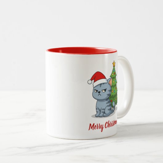 Cranky Grey Tabby Cat Red Hat Christmas Tree Zweifarbige Tasse (VorderseiteRechts)