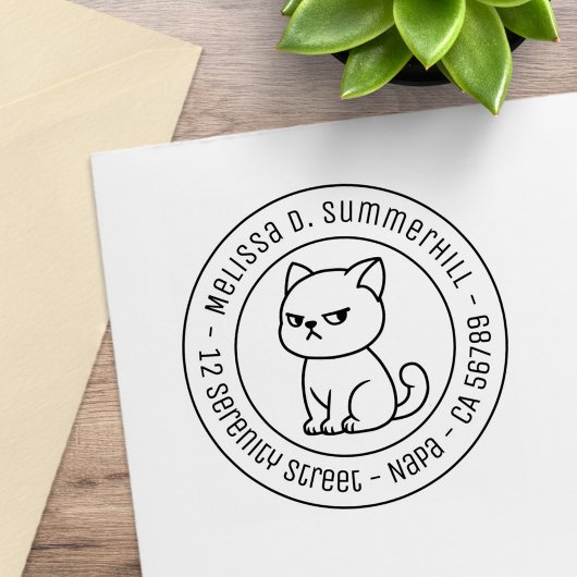 Cranky Moody Cat Round Address Gummistempel