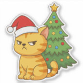 Cranky Orange Tabby Cat Red Hat Christmas Tree Aufkleber (Vorderseite)