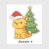 Cranky Orange Tabby Cat Red Hat Christmas Tree Aufkleber (Blatt)