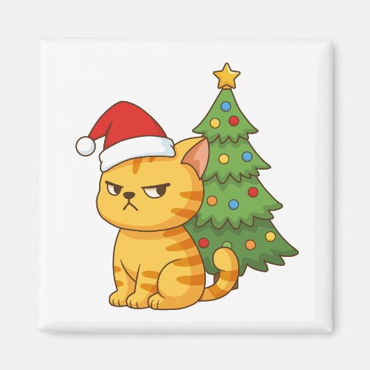 Cranky Orange Tabby Cat Red Hat Christmas Tree Magnet (Vorne)