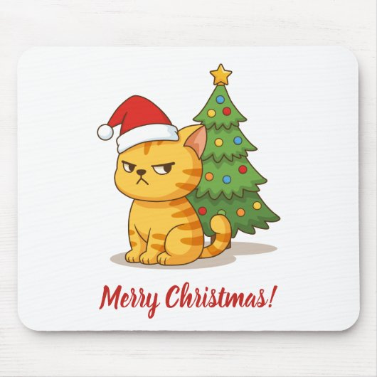 Cranky Orange Tabby Cat Red Hat Christmas Tree Mousepad (Vorne)
