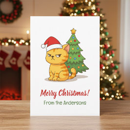 Cranky Tabby Cat Red Hat Christmas Tree Feiertagskarte