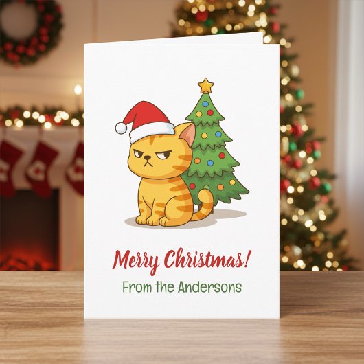 Cranky Tabby Cat Red Hat Christmas Tree Karte
