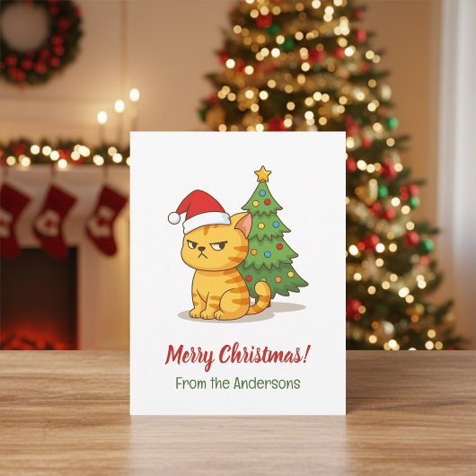 Cranky Tabby Cat Red Hat Christmas Tree Postkarte