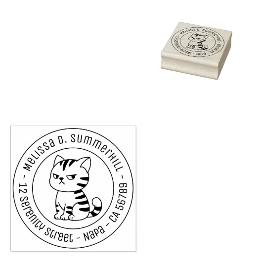Cranky Tabby Cat Round Address Gummistempel (Stempel)