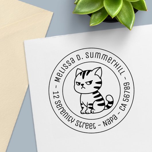 Cranky Tabby Cat Round Address Permastempel