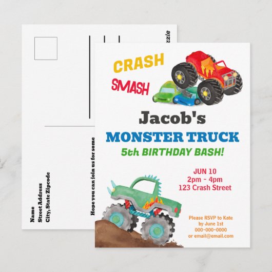 Crash Smash Monster Truck Geburtstag Bash Farbe Postkarte (Vorne/Hinten)