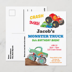 Crash Smash Monster Truck Geburtstagsfeier Wasserf Postkarte