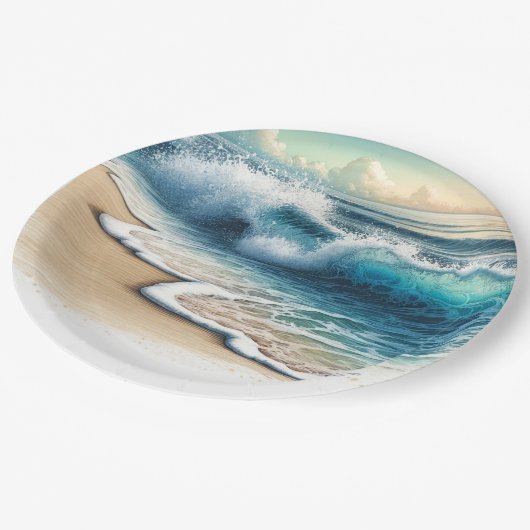 Crashing Ocean Waves Rustic Coastal Beach Hochzeit Pappteller (Schrägansicht)