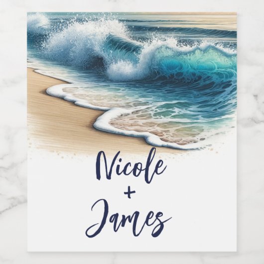 Crashing Ocean Waves Rustic Coastal Beach Hochzeit Weinetikett (Einzelnes Label)
