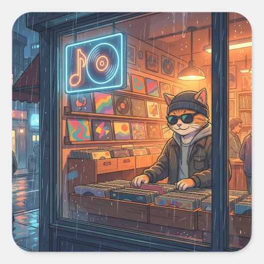 Crate Digging at the Vinyl Store Quadratischer Aufkleber (Vorderseite)