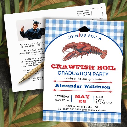 Crawfish Boil Blue Kariert GRAD Foto Einladung Postkarte