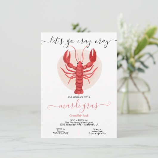 Crawfish Boil Cray Cray Mardi Gras Party Einladung (Stehend Vorderseite)