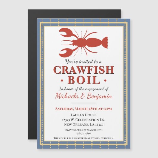Crawfish Boil Hummer Party Blaue Verlobung Magneteinladung (Vorne/Hinten)