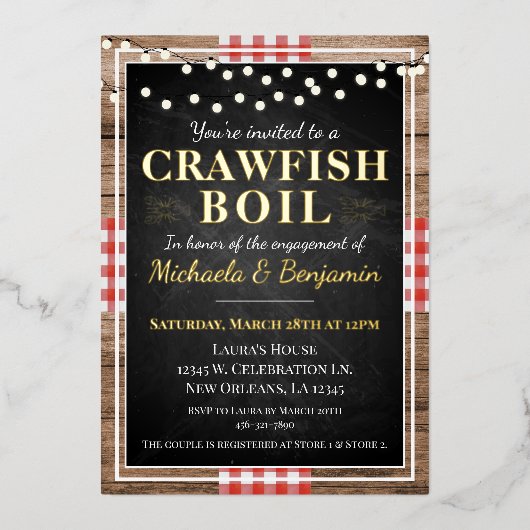 Crawfish Boil Lobster Rustikale Engagement Party Folieneinladung (Vorderseite)
