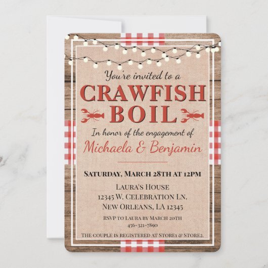 Crawfish Boil Paare Engagement Partei Rustikal Einladung (Vorderseite)