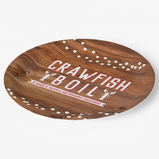 Crawfish Boil Paare Rustikale Engagement Party Pappteller (Schrägansicht)