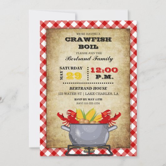 Crawfish Boil Pot Red Checkered Gingham Einladung (Vorderseite)