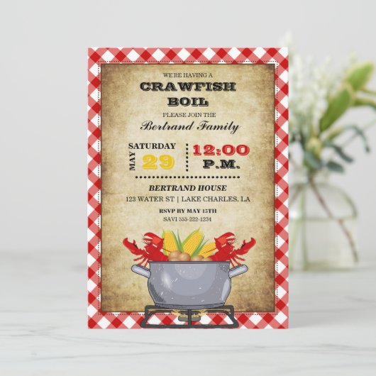 Crawfish Boil Pot Red Checkered Gingham Einladung (Stehend Vorderseite)