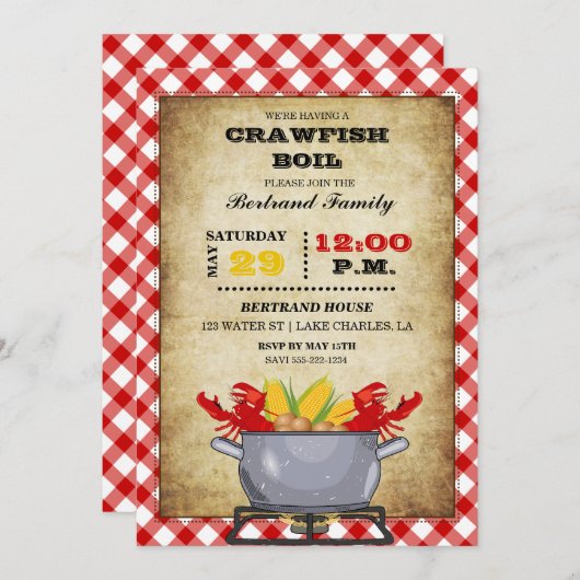 Crawfish Boil Pot Red Checkered Gingham Einladung (Vorne/Hinten)