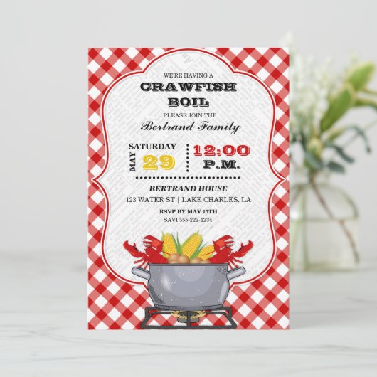 Crawfish Boil Pot Red Checkered Gingham Einladung (Stehend Vorderseite)