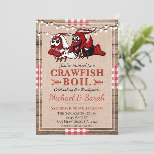 Crawfish Boil Rustic Wood Neu verheiratete Verlobu Einladung (Stehend Vorderseite)