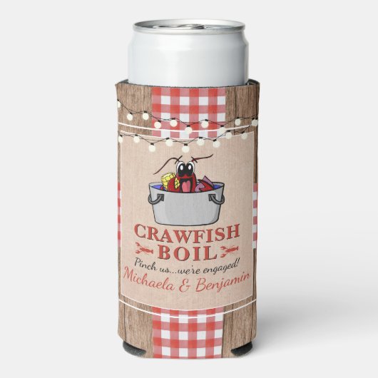 Crawfish Boil Rustikale Paare Engagement Partei Selters Dosenkühler (Seltzer Rückseite)