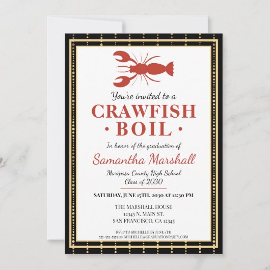 Crawfish Boil Seafood Black Gold Graduation Party Einladung (Vorderseite)