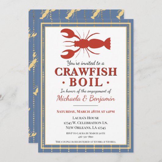 Crawfish Boil Seafood Blue Engagement Party Einladung (Vorne/Hinten)