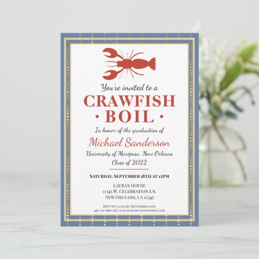 Crawfish Boil Seafood Blue Graduation Party Einladung (Stehend Vorderseite)