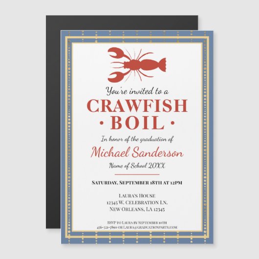 Crawfish Boil Seafood Blue Graduation Party Magneteinladung (Vorne/Hinten)