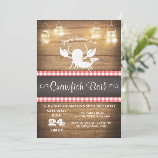 Crawfish kochen Einladung Rustikales Holz Geburtst (Stehend Vorderseite)
