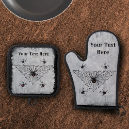 Crawling poisonous Black Widow Spiders Web White Ofenhandschuh & Topflappen-Set