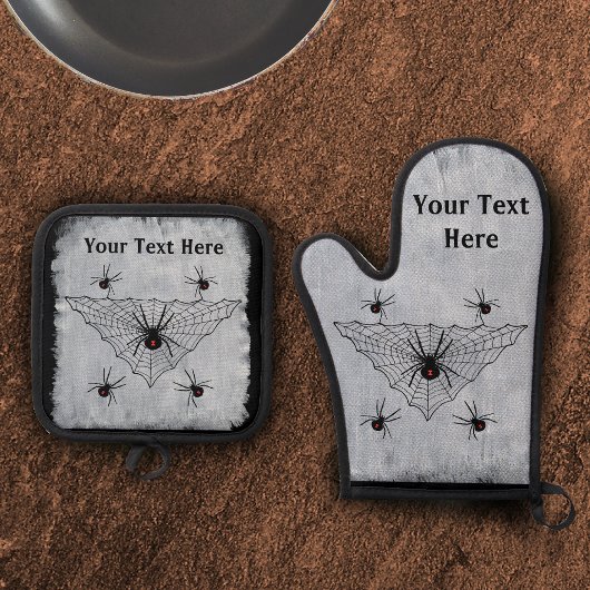 Crawling poisonous Black Widow Spiders Web White Ofenhandschuh & Topflappen-Set