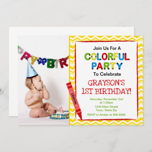 Crayon 1. Geburtstag Party Einladung Fotokarte (Vorne/Hinten)