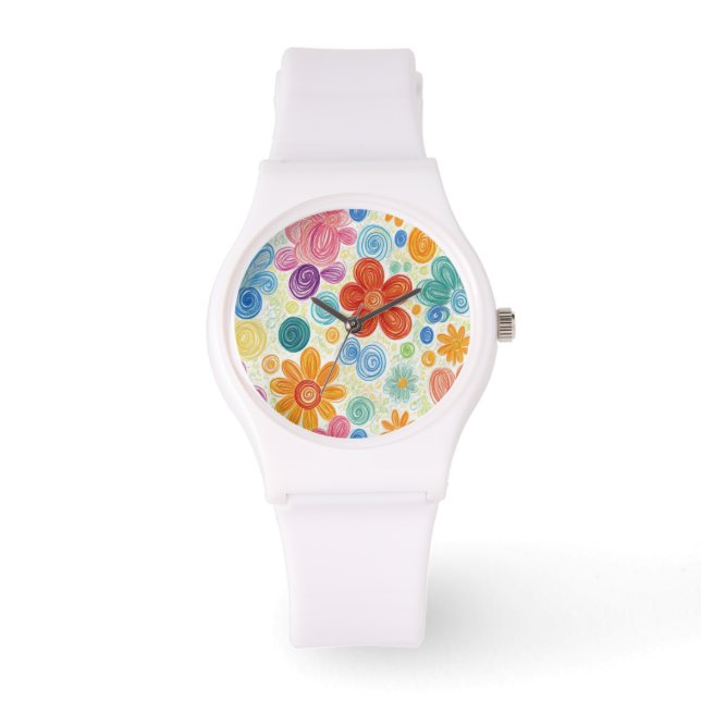 Crayon Doodle Daisy Design Armbanduhr (Vorderseite)