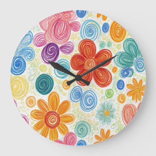 Crayon Doodle Daisy Design Große Wanduhr (Vorderseite)