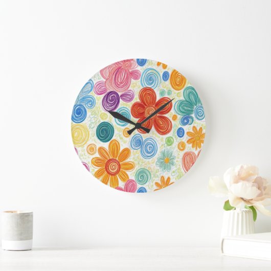Crayon Doodle Daisy Design Große Wanduhr (Zuhause)