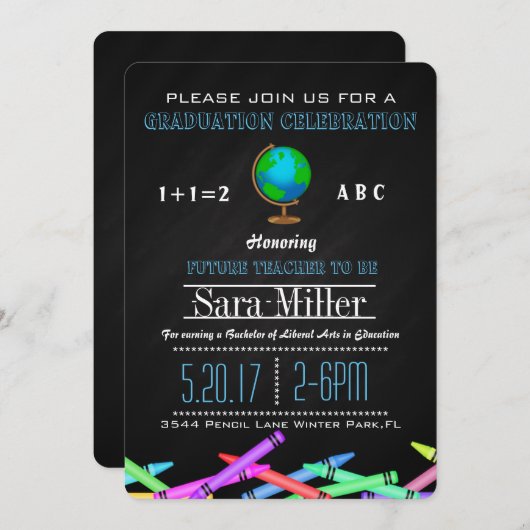 Crayon & Globe Abschluss Einladung (Vorne/Hinten)