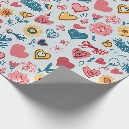 Crayon Hearts und Blume Geschenkpapier (Ecke)
