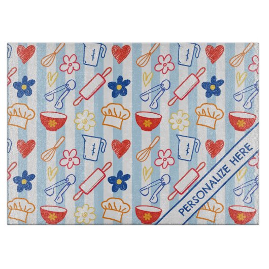 Crayon Kitchen Doodle Retro Cooking Pattern Schneidebrett (Vorderseite)