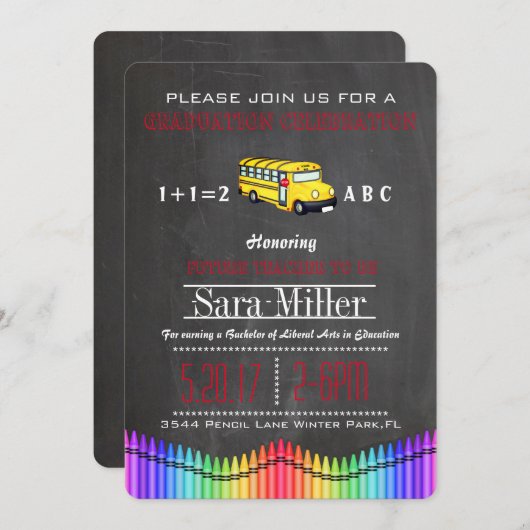 Crayon & School Bus Lehrer Abschluss Einladung (Vorne/Hinten)
