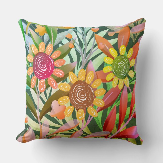 Crayon Sunflowers Farbenfrohe Grüne Kissen (Vorderseite)